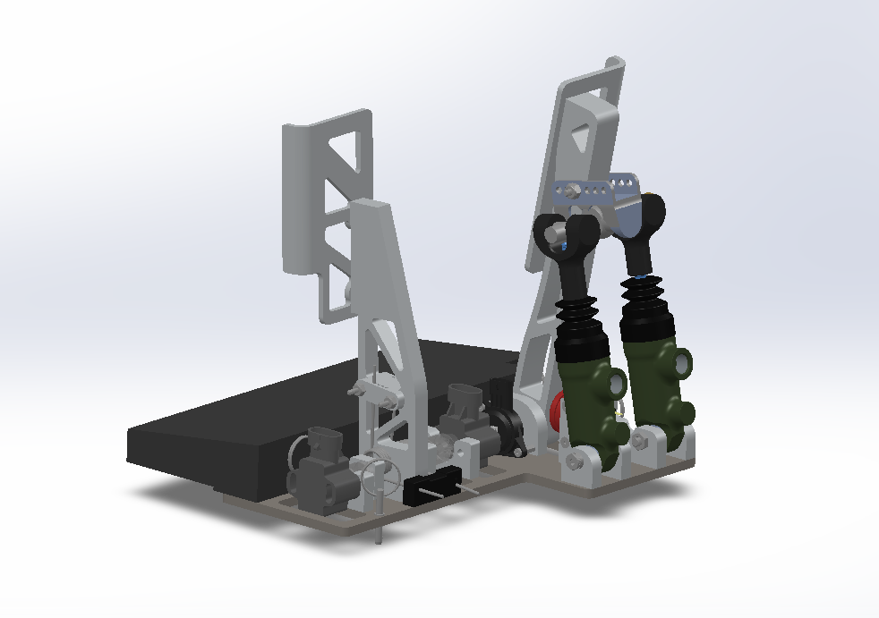 Rear view of the pedal box — master cylinders, balance bar, and throttle linkage.