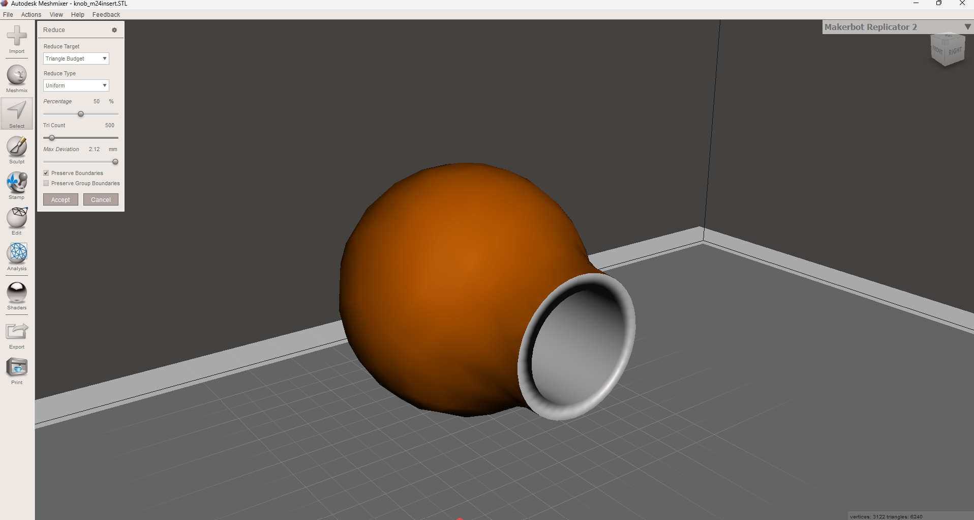 Meshmixer decimated STL preview — reducing the knob mesh to ~500 triangles before printing.