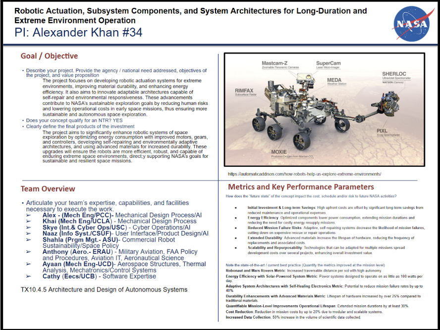 Hardware reference for NASA Robotics Proposal