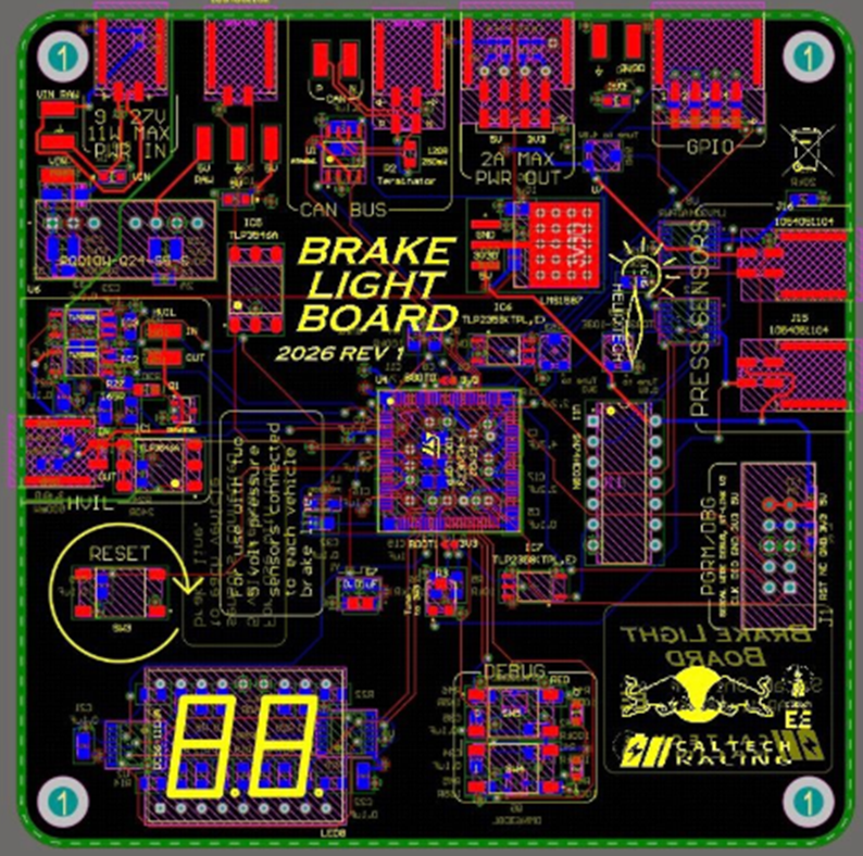 Brake light board PCB layout — 2026 Rev 1, handling pressure sensor inputs, CAN bus, and brake light triggering.