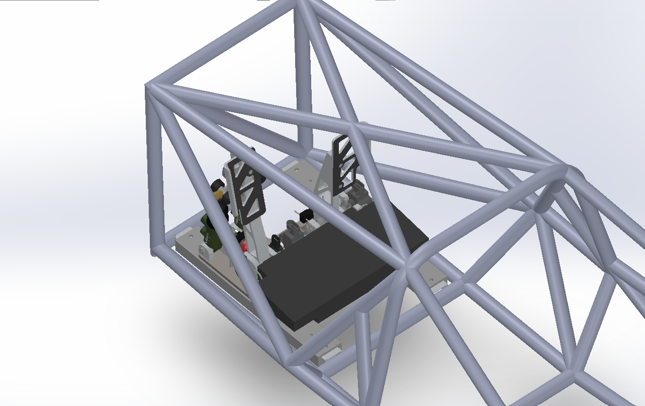 Pedal box fitment within the chassis — mounting rails give travel range for the 5th through 95th percentile male driver.